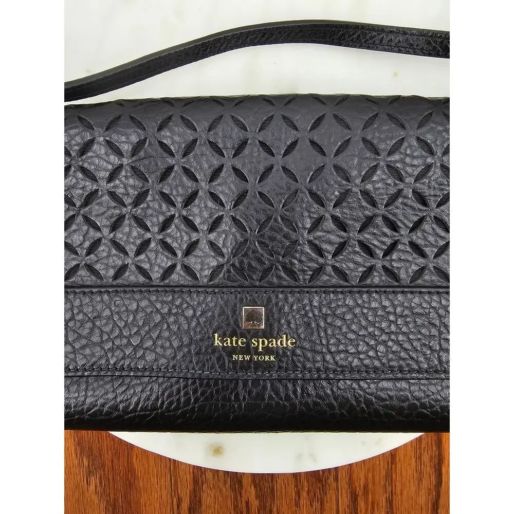 Kate Spade Classic Chic Perri‎ Lane Greer Black Leather Laser Cutout Crossbody